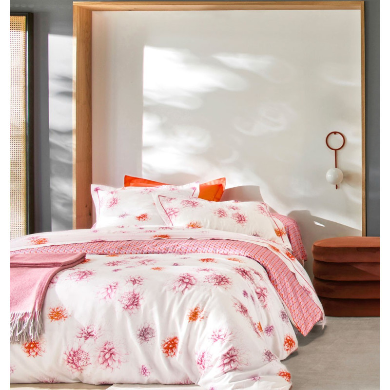 DAHLIAS Pink Parure de lit Satin de coton - Blanc des Vosges