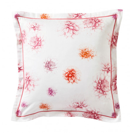 DAHLIAS Pink Taie d'oreiller et de traversin Satin de coton - Blanc des Vosges