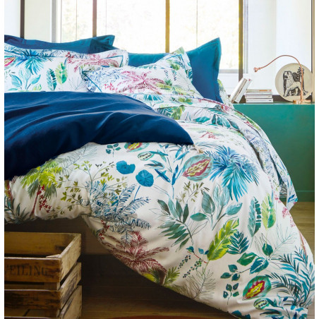 PALMERAIE Bleu paon Drap housse Satin de coton uni coloris Bleu paon - Blanc des Vosges