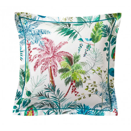 PALMERAIE Bleu paon Taie d'oreiller et de traversin Satin de coton - Blanc des Vosges